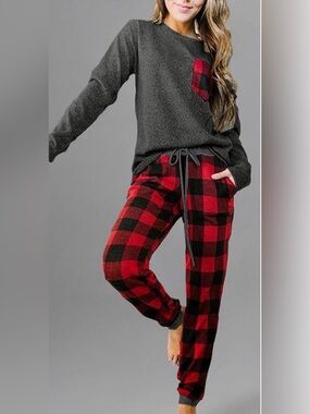 Women's Red & Gray Buffalo Plaid Long Sleeve Pajama Set PJs Cozy Hygge Cabincore